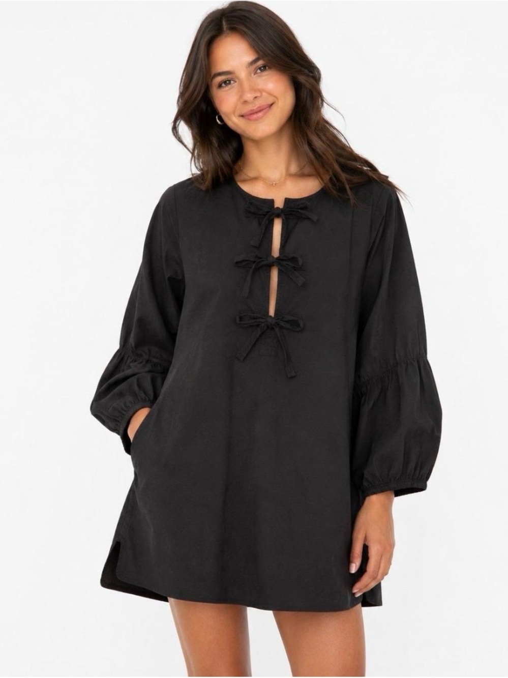 Ganni Black Mini Dress with Tie-Front Detail